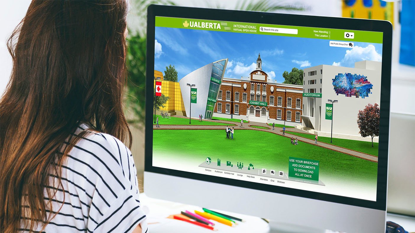 person attending the university of alberta virtual event for recruiting on their computer